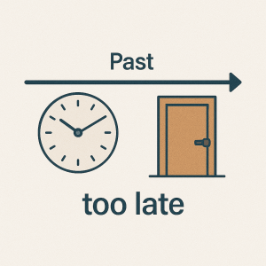 🖼️ Imagem ilustrativa: Linha do tempo mostrando o passado perdido ("too late"), com um relógio e uma porta fechada.